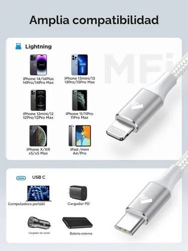 Miniatura 6 de Cable USB C a Lightning de 10 pies [certificado Apple MFi] Cargador rápido para iPhone USB C, suministro de energía, tipo C a Lightning, cable