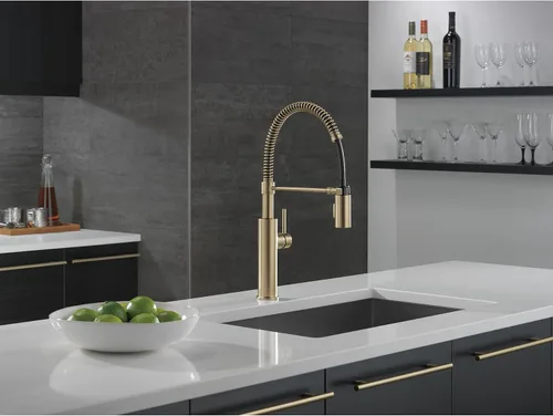 Miniatura 3 de DELTA - Grifo de cocina comercial estilo Antoni Pro con rociador desplegable, grifo de fregadero de cocina de un solo orificio dorado cepillado