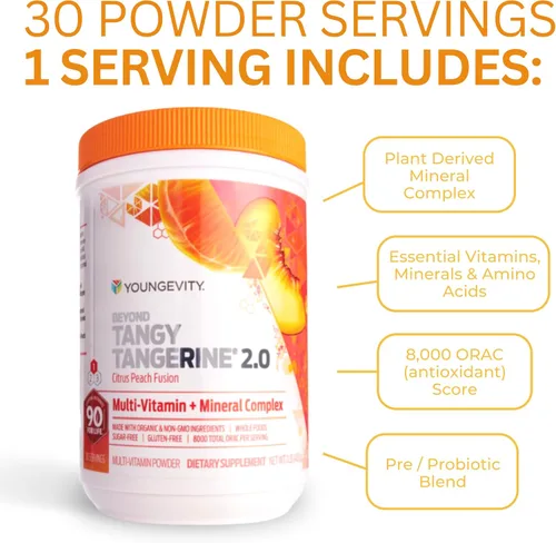 Miniatura 4 de Youngevity Beyond Tangy Tangerine 2.0 Citrus Peach Fusion Complejo multivitamínico y mineral - Hecho con alimentos naturales y integrales 8,000