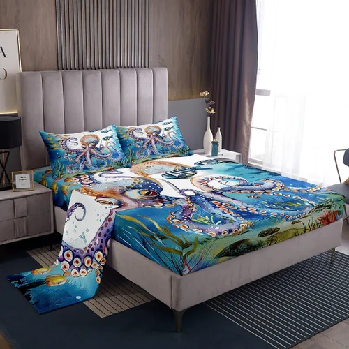 Miniatura 18 de Erosebridal Juego de sábanas de ballena náutica, tamaño individual, juego de ropa de cama vintage azul con ondas oceánicas para niños y niñas