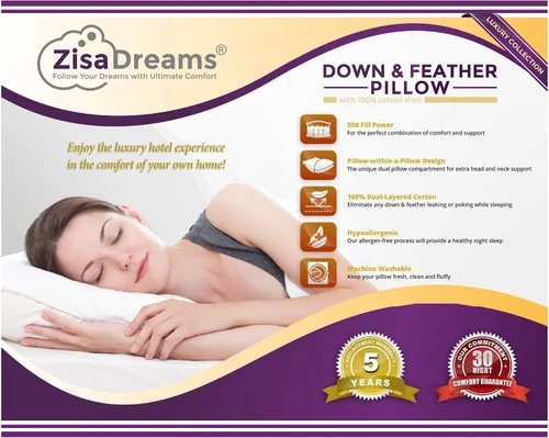 Miniatura 2 de Luxury Collection - Almohada de plumón y plumas, hipoalergénica, extra alta para un mejor soporte para la cabeza y el cuello, 100% algodón de doble