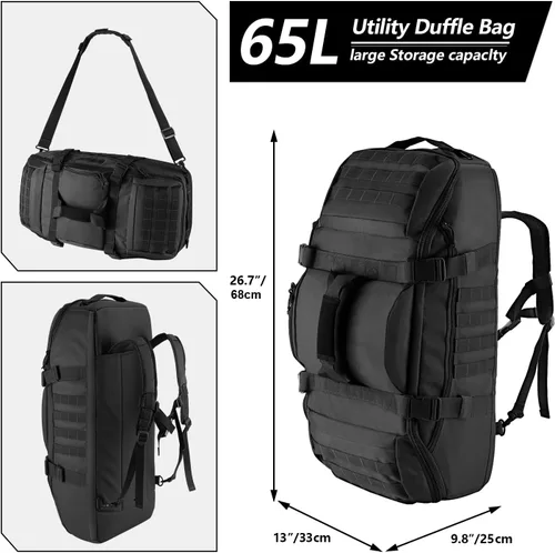 Miniatura 2 de Bolsa de lona grande de 65L, mochila táctica 3 en 1 MOLLE para deportes, gimnasio, exteriores, color negro