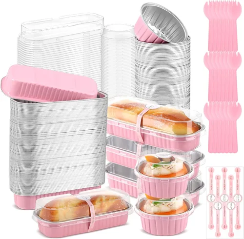 Miniatura 8 de Suclain 600 piezas de mini moldes para pan negros y dorados con tapas y cucharas, calcomanías de sellado de 6.8 onzas, papel de aluminio desechable