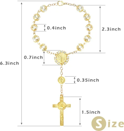 Miniatura 2 de LEMESO 20 piezas de mini rosarios chapados en oro, pulseras de crucifijo de perlas de imitación de color marfil, recuerdos de bautizo a granel