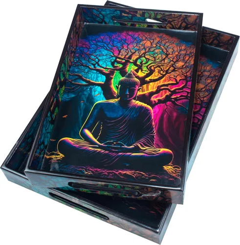 Miniatura 8 de Crocon Juego de 2 bandejas rectangulares decorativas con estampado esmaltado de Buda, color negro