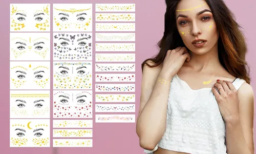 Miniatura 6 de 54 hojas de tatuajes faciales de pecas doradas con purpurina, más de 150 piezas de pegatinas temporales de Halloween con purpurina, pecas brillantes