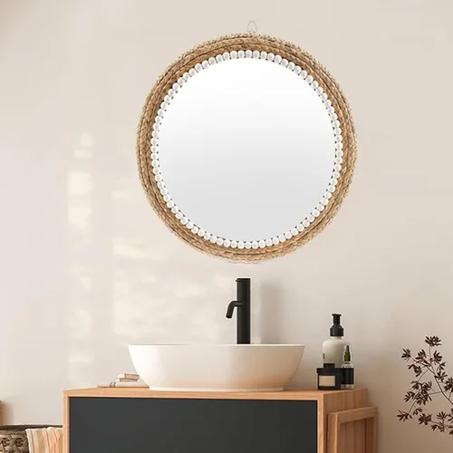Miniatura 6 de Espejo decorativo de estilo bohemio de 22 pulgadas, espejo redondo de ratán para colgar en la pared, espejo redondo tejido de ratán natural