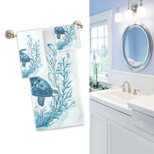 Miniatura 3 de Naanle Juego de 3 toallas suaves de lujo con diseño de tortuga marina oceánica, 1 toalla de baño+1 toalla de mano + 1 toallita, multiusos para baño