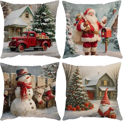 Miniatura 10 de Fundas de Almohada Feliz Navidad 12x12 Juego de 4 Fundas de Almohada de Terciopelo de Navidad Rosa Navidad Invierno Vacaciones Fundas de Almohada