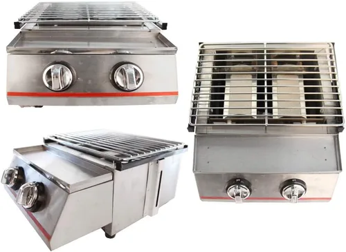 Miniatura 5 de Parrilla de gas de 2 quemadores, 2800 PA al aire libre barbacoa cocina de mesa comercial inoxidable, herramientas de barbacoa para fiestas al aire