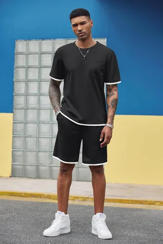 Miniatura 4 de COOFANDY Conjunto de camisa y pantalones cortos de gofre para hombre, conjunto de 2 piezas, conjunto casual de verano con bolsillos