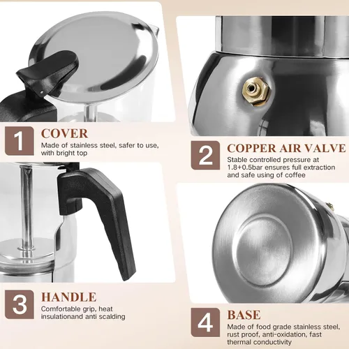 Miniatura 3 de Moka Pot - Máquina de café expreso para estufa, tapa de cristal y cafetera italiana de acero inoxidable 304, cafetera de café italiano de 10.1 fl oz