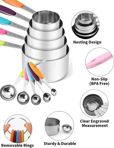 Miniatura 3 de Joyhill Juego de 10 tazas y cucharas medidoras de acero inoxidable, juego de tazas medidoras de metal anidadas con mangos de silicona de tacto suave