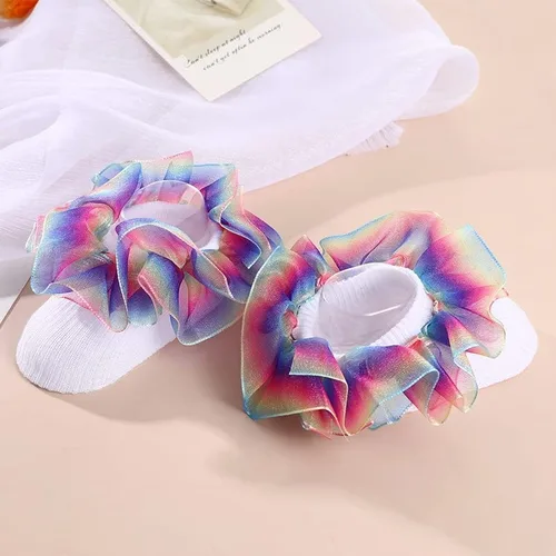 Miniatura 5 de Hopply Toddler Girls Double Lace Socks Turn Cuff Shimmering Big Ruffle Rainbow Style Dress Lace Socks for Infant Kids