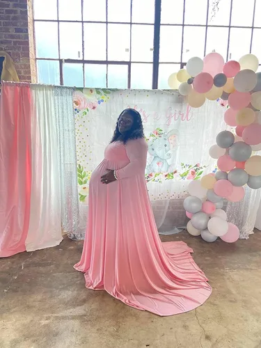 Miniatura 8 de Saslax - Vestido de noche de maternidad con hombros descubiertos, corte de medio círculo, para baby shower, fotos