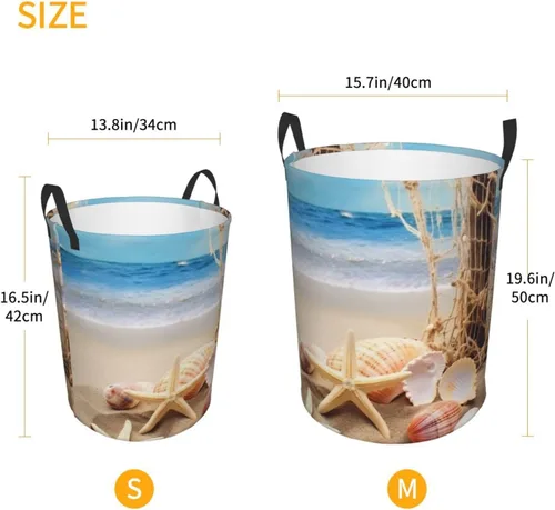 Miniatura 5 de Cesta circular impermeable con estampado de estrellas de mar y conchas marinas, cesta organizadora de ropa sucia con asas para ropa, juguetes