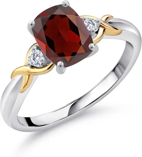 Miniatura 44 de Gem Stone King Anillo de compromiso de 3 piedras preciosas de plata 925 y oro amarillo de 10 quilates de 0.315 x 0.236 in de talla cojín y diamante