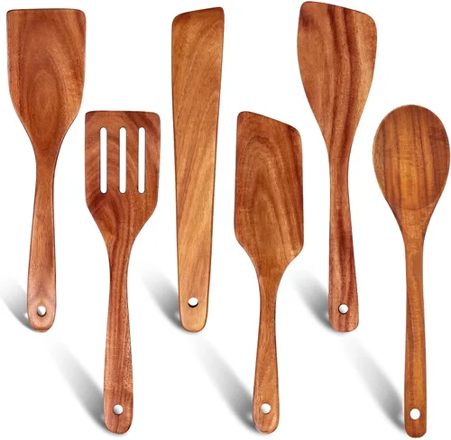 6 piezas del mejor juego de espátulas planas de madera Set de cuchara de madera de teca para utensilios de cocina volteador ranurado espátula