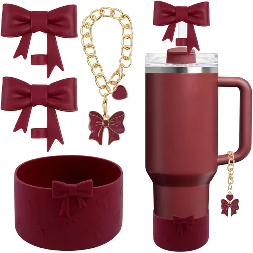 Miniatura 20 de Conjunto de accesorios para taza Hpebl para Stanley, incluye 2 tapas de pajita con moño lindo de 10 mm, tapones reutilizables para pajita, 1 funda