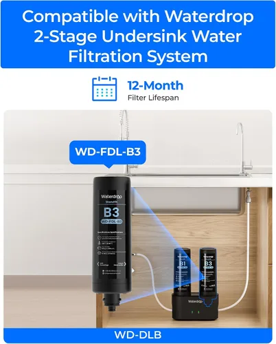 Miniatura 2 de Waterdrop Filtro de agua de repuesto FDL-B3, repuesto para filtro de agua Waterdrop DLB debajo del fregadero, sistema de filtración de agua debajo