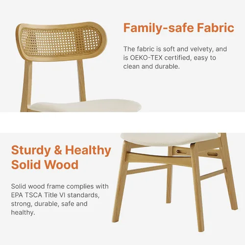 Miniatura 5 de KISLOT Rattan Dining Chairs Set of 4, Upholstered Modern Dining Room Chairs, Mid Century Oak Wood Kitchen Chairs with Rattan Backrest for Farmhouse