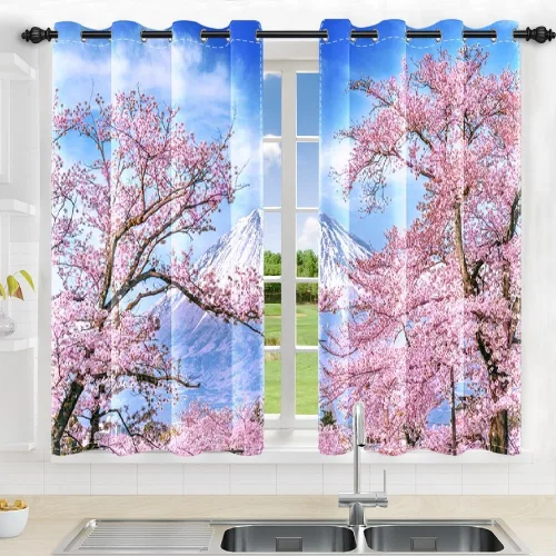 Miniatura 104 de Cortinas japonesas con pintura de tinta, monte Fuji, sol rojo, puesta de sol, hojas de bambú, cortinas de ventana para dormitorio, sala de estar