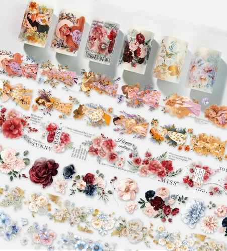 Miniatura 9 de Juego de 12 Rollos de Cinta Washi Floral de PET y Pegatinas de PET – Fácil de Usar para Journaling y Elaboración de Tarjetas, Ideal