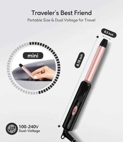 Miniatura 2 de Rizador de tamaño de viaje de doble voltaje 100-240V, mini rizador para cabello corto con barril de 1/2 pulgada, mini rizador de pelo de cerámica
