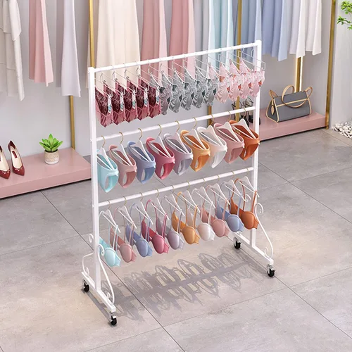 Miniatura 10 de Soporte de exhibición de ropa interior de pie con ruedas, tienda al por menor moderna de 3 niveles, soporte de sujetador de doble cara, pantalones