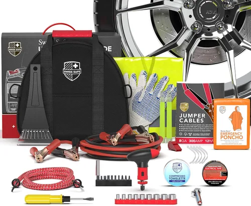 Swiss Safe Kit de emergencia para automóvil 2 en 1 | Cables de puente de alta resistencia de 12 pies y kit completo de primeros auxilios para