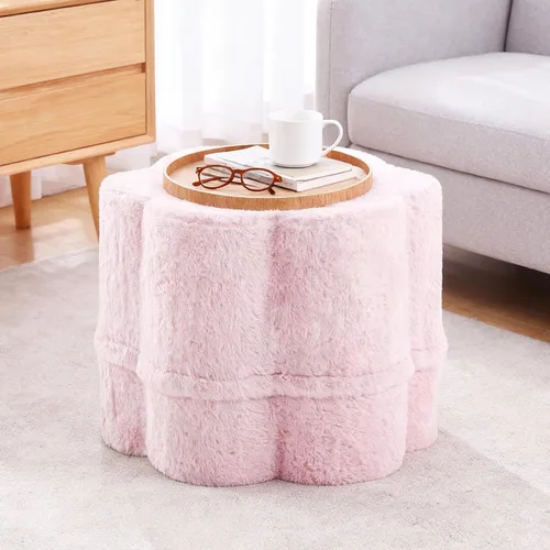 Miniatura 11 de Tiita Puf Otomán Redondo Relleno, Pufs de Piel Sintética a Rayas con Relleno de Trozos de Espuma, Puf Peludo y Esponjoso de 21 x 21 x 12 pulgadas