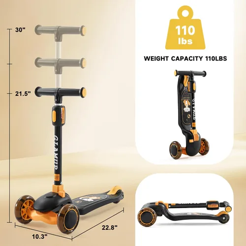 Miniatura 3 de GLAMUP Patinete para niños de 3 ruedas, manillar ajustable en altura para niños, sistema de inclinación para dirección y mecanismo de fácil plegado