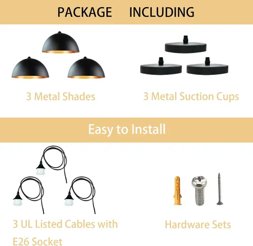 Miniatura 7 de Takor Paquete de 3 lámparas colgantes de metal, luces de techo rústicas, lámpara colgante ajustable industrial con base E26, iluminación colgante