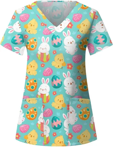 Miniatura 3 de Camisetas de uniforme de trabajo de Pascua para mujer, cuello en V, estampado divertido, camisetas básicas para mujer