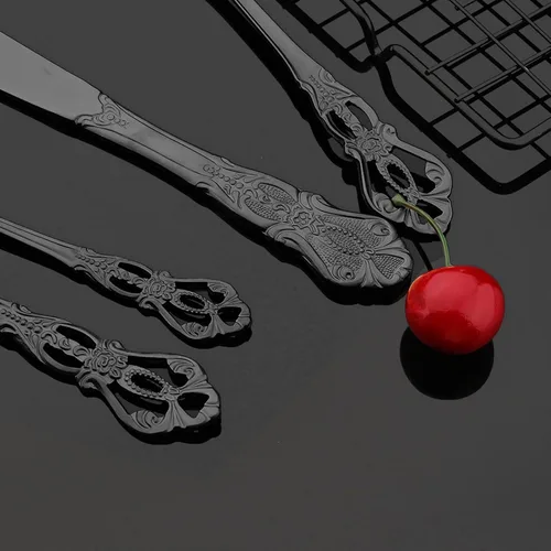 Miniatura 3 de JASHII Juego de cubiertos de acero inoxidable 304, utensilios de cocina estilo antiguo, 20 piezas, servicio para 4 vajillas negras con cuchillos