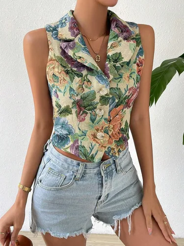 Miniatura 4 de WDIRARA Chaleco corto casual sin mangas con estampado floral y botones en la parte delantera