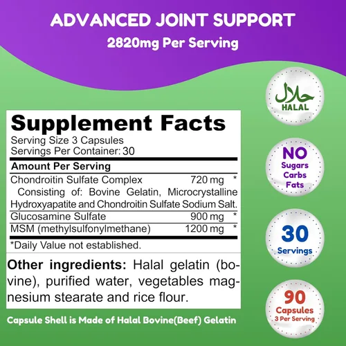 Miniatura 3 de SHIFAA NUTRITION Suplemento de apoyo articular halal con glucosamina condroitina MSM 2820 mg 30 porciones Sin OMG