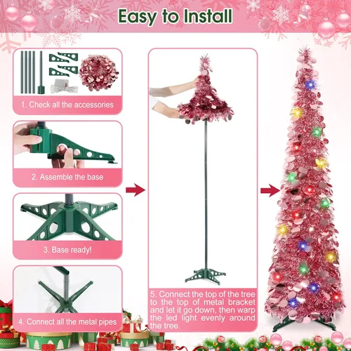 Miniatura 6 de Árbol de Navidad Emergente de 5 Pies con Luces, Árbol de Lápiz Plegable Rosa, Árbol de Navidad Delgado Árbol de Navidad Esbelto, Árbol de Oropel