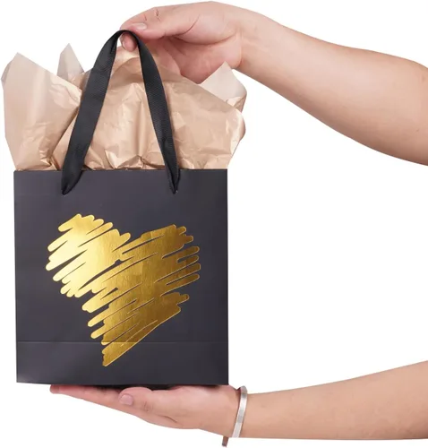 Miniatura 5 de ysmile Pequeña bolsa de regalo negra con papel de seda para hombres, fiesta de cumpleaños, aniversario, día del padre, 7.8 pulgadas, corazón dorado