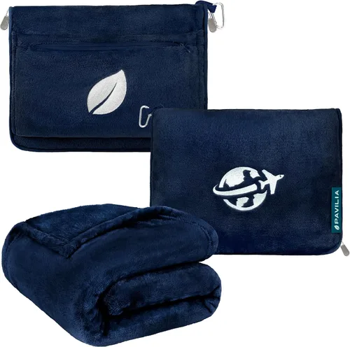Miniatura 14 de PAVILIA Manta de viaje y almohada, manta de avión con apertura de brazos para adultos, manta compacta de avión con agujero para el brazo, bolsa 2