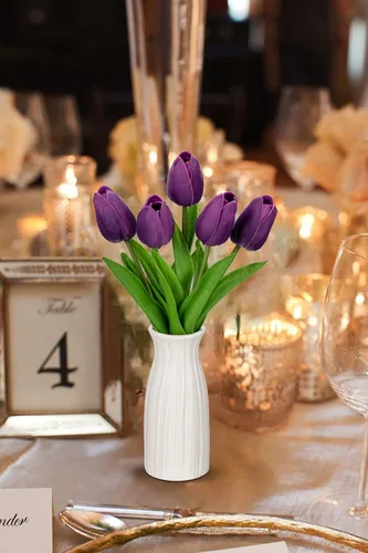 Miniatura 3 de Briful Paquete de 2 tulipanes artificiales de flores sintéticas con jarrón de cerámica, tulipanes morados de espuma de polietileno, arreglo floral