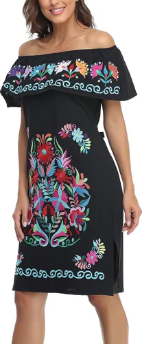 Miniatura 6 de YZXDORWJ Vestido bordado mexicano sin mangas con cuello de volantes para mujer