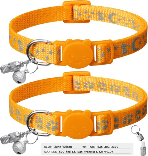 Miniatura 7 de LLHK Paquete de 2 collares de gato separables y 2 etiquetas de nombre, collar de seguridad reflectante para gatito con campana, para gatos machos