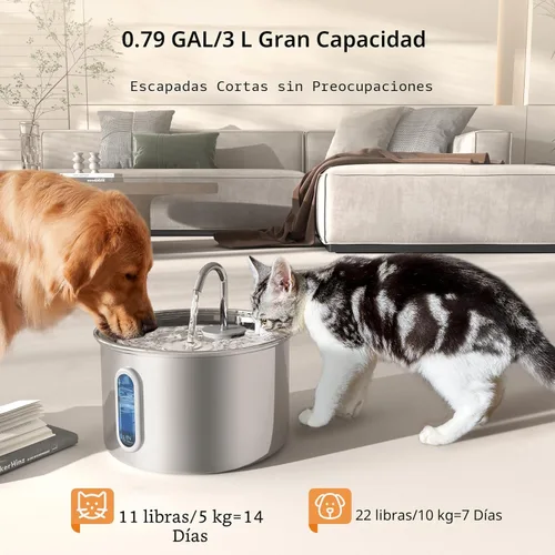 Miniatura 4 de Fuente de agua para gatos de acero inoxidable, con cable, fuente de agua para mascotas de 3 L/101 onzas, bebedero para perros con bomba silenciosa