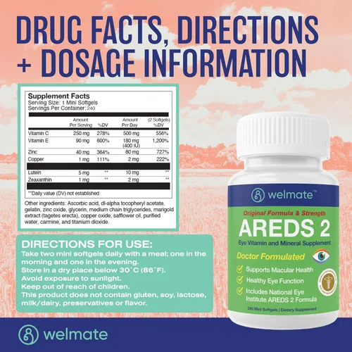 Miniatura 5 de WELMATE AREDS 2 Vitaminas para los ojos, 240 mini cápsulas blandas (suministro para 4 meses) – Luteína 5 mg y zeaxantina 1 mg con vitamina C, E