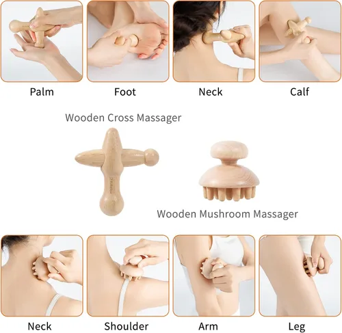 Miniatura 6 de AiRelax Paquete de 7 herramientas de masaje de terapia de madera para moldear el cuerpo, masajeador de celulitis, kit de maderoterapia colombiana, 7