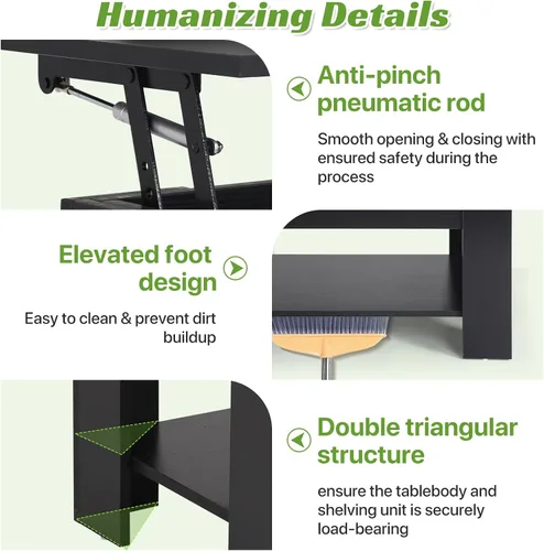 Miniatura 7 de Mesa de centro elevable con almacenamiento oculto, diseño moderno de elevación de 39.4 pulgadas, escritorio convertible de comedor y portátil