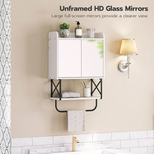 Miniatura 4 de HOOBRO Gabinete de pared para medicina con espejo, gabinete de almacenamiento de baño con espacio oculto y barra de toalla, puertas dobles