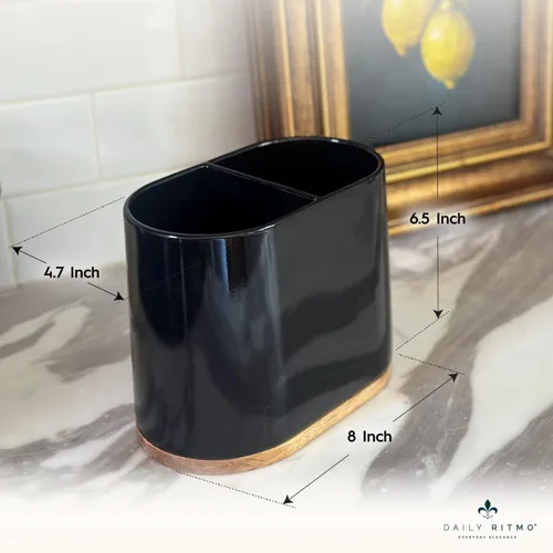 Miniatura 6 de DAILY RITMO® Soporte para utensilios ovalado grande negro con base de bambú y divisor