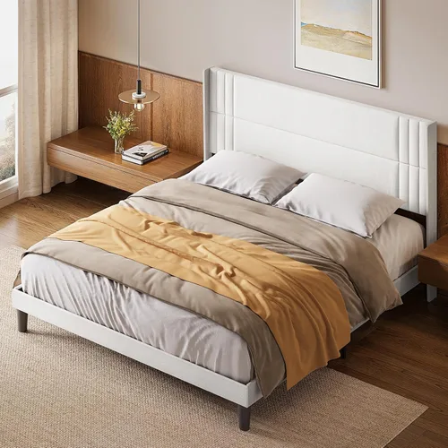 Miniatura 12 de Gizoon Base de cama matrimonial con cabecera de ala, plataforma tapizada con cabecera geométrica moderna, listones de madera, sin ruido, no necesita